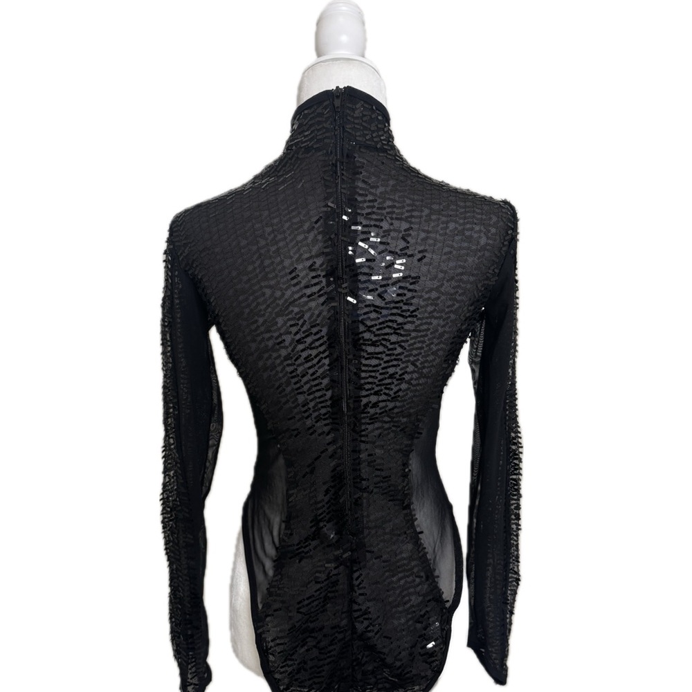 Black Sequin Symmetric Bodysuit with Long Sleeves, Size L - Picture 9 of 15
